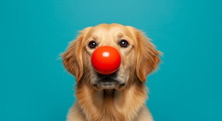 Playful golden retriever dog with a bright red nose against a vibrant backdrop.