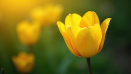Single tulip, rich yellow hue, soft focus background , spring bloom, soft