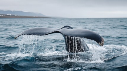 Humpback whale fluke breaching ocean surface, water droplets cascading, coastal landscape in background. Dramatic wildlife scene. : Generative AI