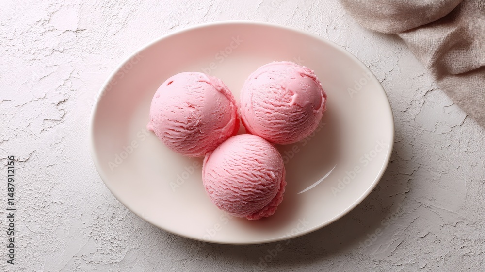 Poster three scoops of pink strawberry ice cream rest on a white plate, atop a textured white surface; a ne