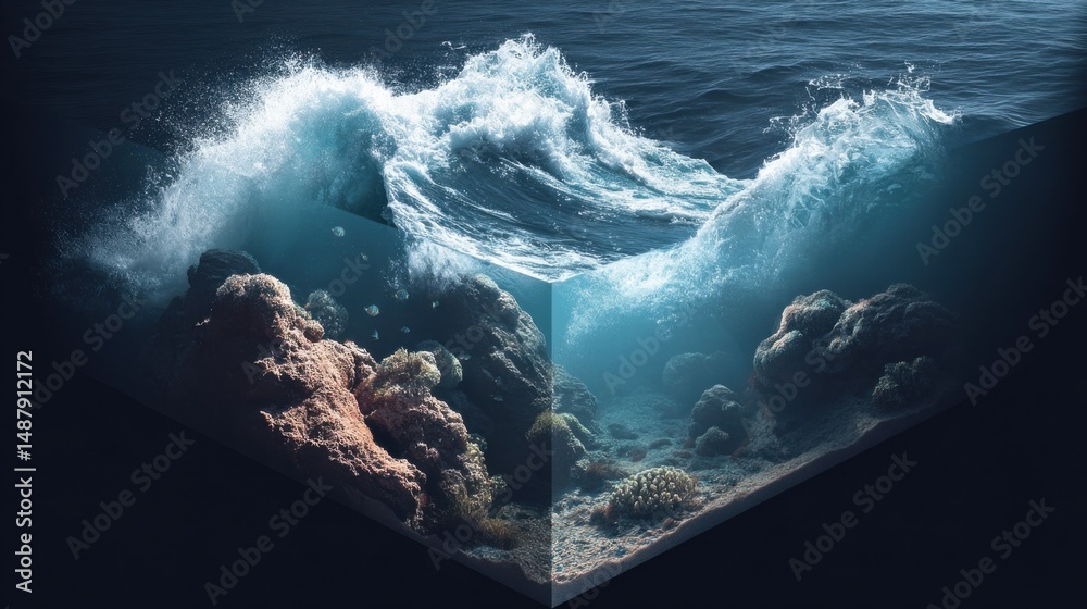 Aufkleber ocean wave crashing over vibrant coral reef underwater scene, showing a contrasting view of the ocea