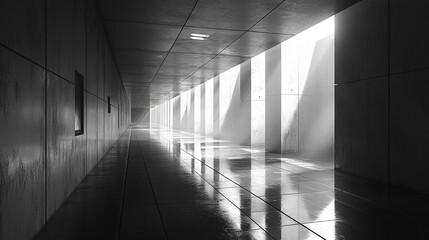 Sunlit concrete corridor with reflections, exterior view