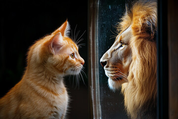 Cute kittens, a domestic cat, and a playful dog looking at a mouse, a beautiful animal portrait