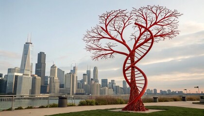 Abstract red dna tree with cityscape background representing synthetic biological evolution urban biotech concept artificial genome and organic data rooted infrastructure ,