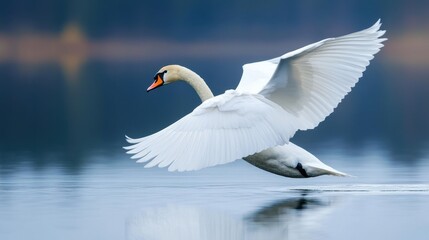 White Swan in Flight Over Calm Water, Wings Spread Wide