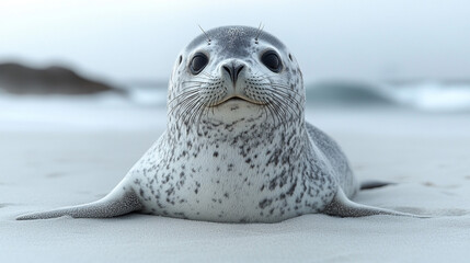 Seal pup resting on sandy beach, ocean waves in background