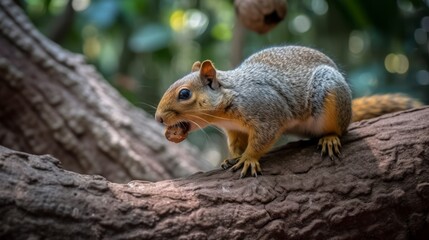 Fototapeta premium Close-up view of a squirrel holding a nut on a tree branch.