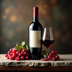 Obraz premium A glass of wine next to a bottle of red wine with pomegranates