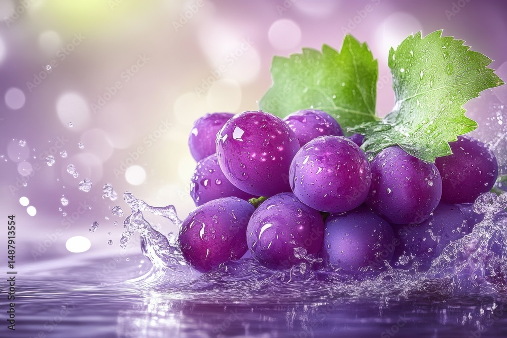 Poster a vibrant bunch of purple grapes, glistening with water droplets, creates a refreshing splash as it 