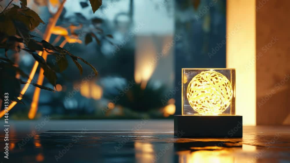 Poster a glass block with a soft glowing light inside