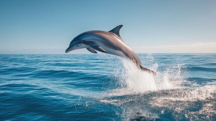 Fototapeta premium A dolphin leaps high above the ocean surface, its sleek body glistening in the sunlight, creating a dynamic splash of water as it soars through the air. : Generative AI
