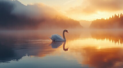 Naklejka premium White Swan on Calm Lake at Sunrise, Misty Morning, Golden Light Reflection