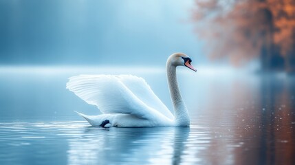 Obraz premium White Swan on Calm Lake Mist Morning Autumn Trees