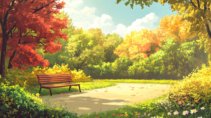 Naklejka premium A peaceful park scene with a wooden bench facing the screen surrounded by lush greenery, colorful autumn trees, and a well-maintained path. The sky is clear with a few clouds, and small flowers are