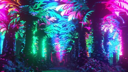 Neon Jungle: A Vibrant 3D Animated Forest with Glowing Trees and a Mysterious Path