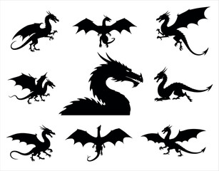 Collection of Mythical Dragon Silhouettes in Various Poses