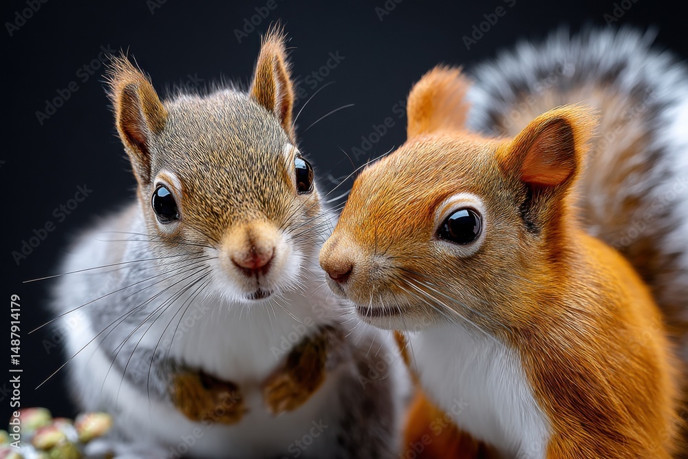 Poster two adorable squirrels, a grey and a red, pose closely together against a dark background, their exp