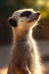 Fototapeta premium A meerkat looks upward, bathed in the golden light of the setting sun, its fur illuminated, showcasing intricate details of its texture and coloration. : Generative AI