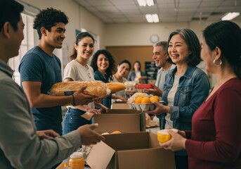 Diverse volunteers joyfully prepare food packages together to donate at a community event.