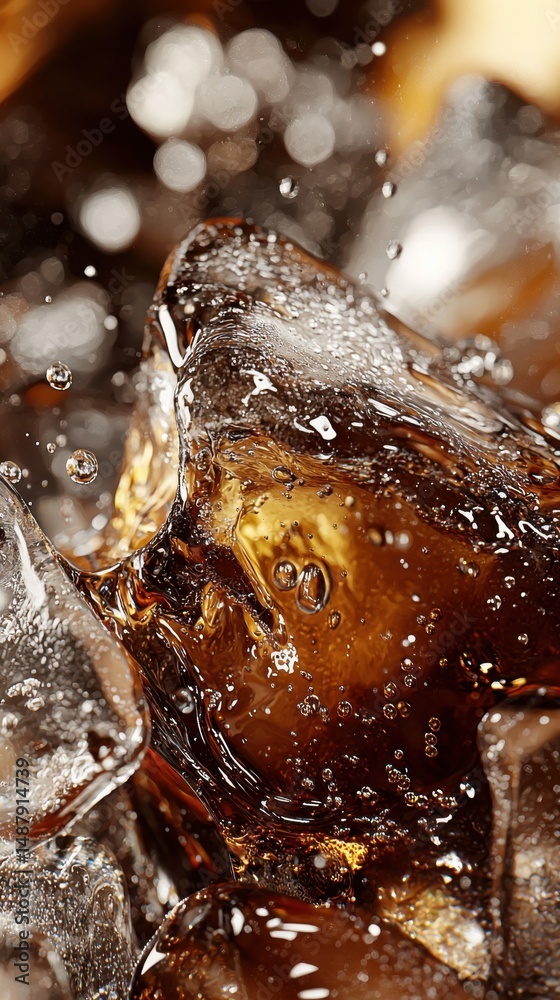 Poster close-up of cola splashing over ice cubes, showcasing the bubbly texture and amber color of the carb