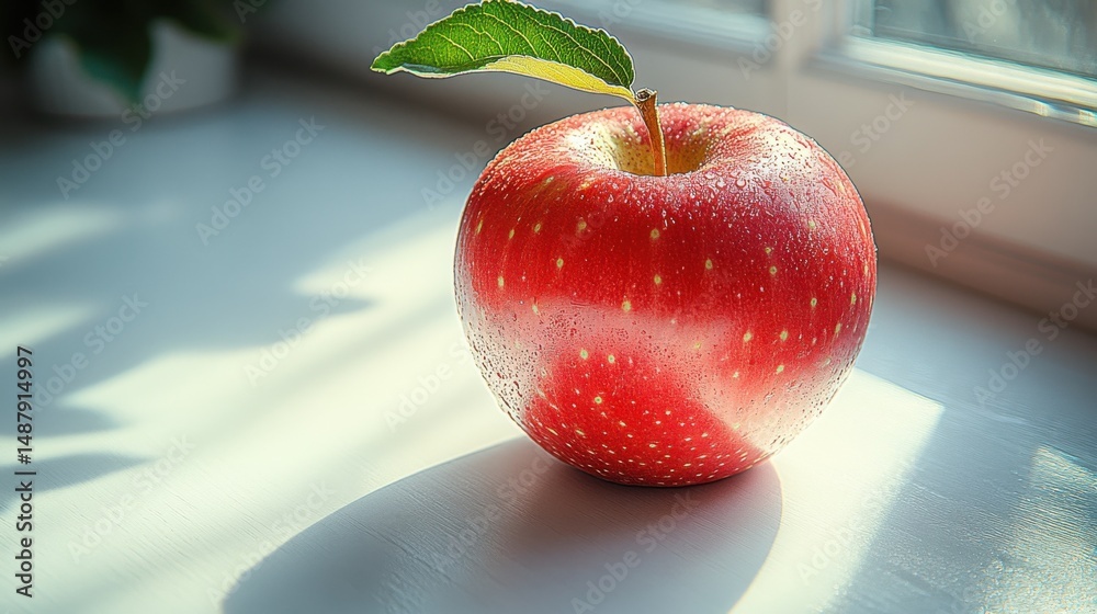 Aufkleber a single, ripe red apple with a green leaf sits on a white windowsill, bathed in sunlight, casting s