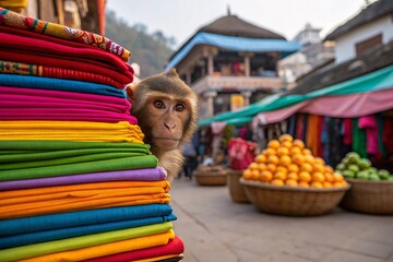 Curious Monkey Peeking from Behind Colorful Fabrics at a Vibrant Asian Market