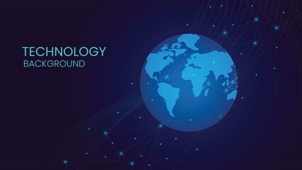 Digital world map with glowing points and connected lines creating a futuristic tech themed design