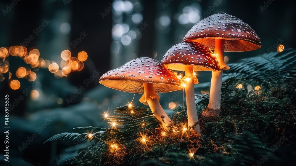 Poster three vibrant red mushrooms illuminated by fairy lights nestled amongst lush green moss and ferns in