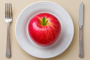 A close-up of a red apple on a white plate with silver cutlery