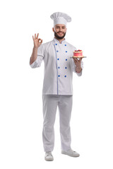 Happy confectioner in uniform holding delicious cake with berries and showing ok gesture on white background