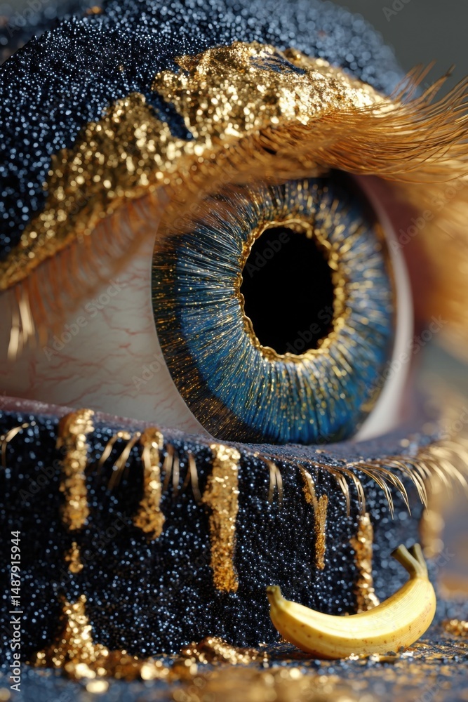 Poster close-up of a stylized eye adorned with gold and blue glitter, featuring a banana in the foreground.