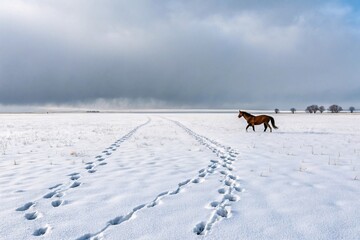 Lone Horse in Snowy Field Winter Landscape Footprints Path Cold Season