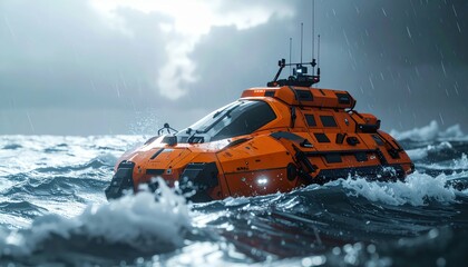 Obraz premium Futuristic High-Tech Rescue Vessel Navigating Stormy Ocean Waters