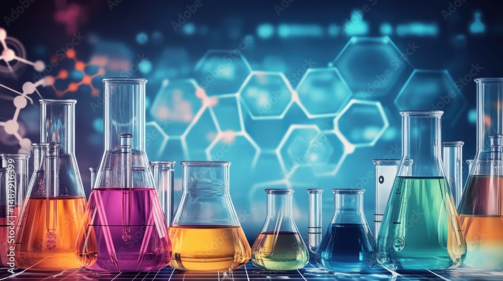 Poster A row of laboratory flasks filled with colorful liquids sits on a grid, against a backdrop of a glowing hexagonal molecular structure. : Generative AI