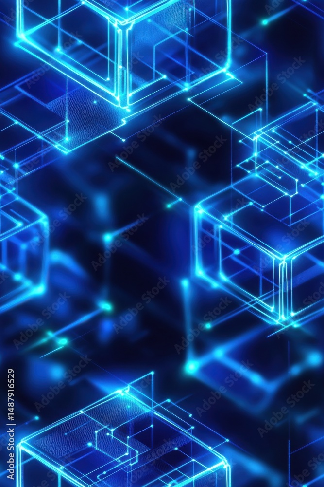 Aufkleber abstract digital network: glowing blue cubes connected by lines, forming a complex technological str
