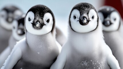 Obraz premium Two adorable emperor penguin chicks stand close together, their fluffy grey and white down covered in a light dusting of snow, a blurred background of other penguins suggests a colony. : Generative AI