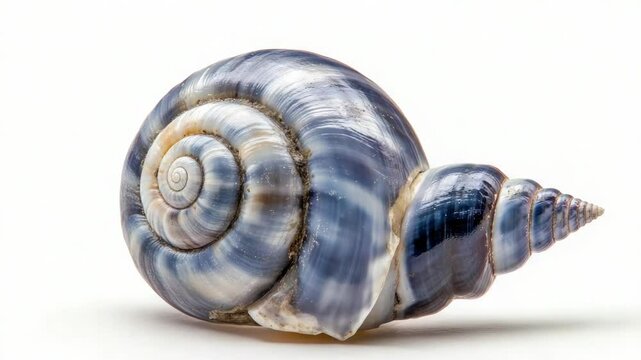 Close-up shot of a snail's shell on a white background
