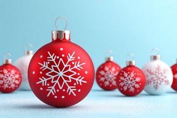 A festive holiday scene with red ornaments and white snowflakes