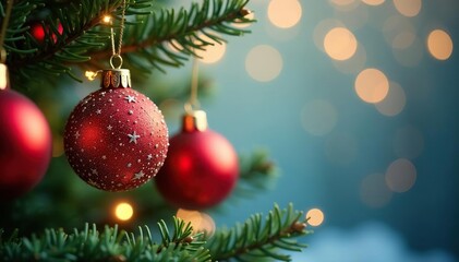 Obraz premium Sparkling Christmas tree ornaments hang on a decorated tree branch , celebratory, silver, pine