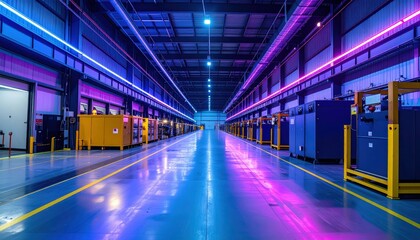 Naklejka premium Giant Warehouse with Chemical Storage and Neon Accents in Focus