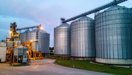 Obraz premium Giant Grain Silos at Dawn with Packaging Machines in Interior Setting