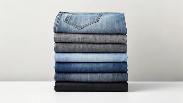 Close-up view of a stack of folded jeans in different washes, highlighting the texture of the denim and the varying shades of blue and black, perfect for themes of denim fabric
