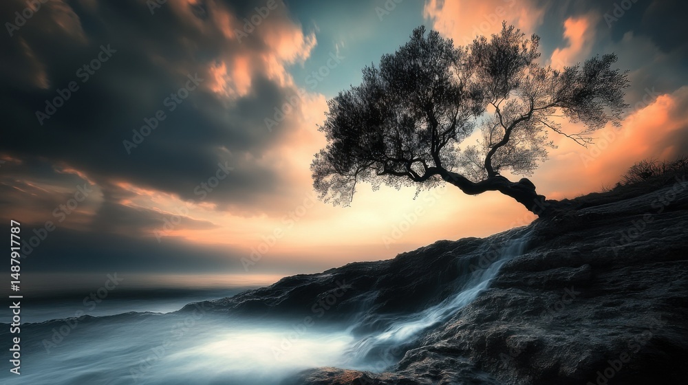 Aufkleber silhouette of a windswept tree on a rocky coast at sunset, with a small waterfall cascading down the