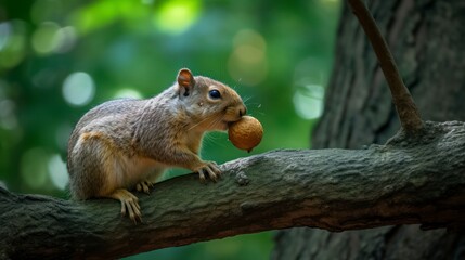 Obraz premium Close-up view of a squirrel consuming a nut on a tree branch.