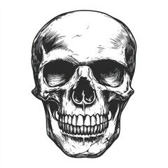 Detailed black and white drawing of a human skull.