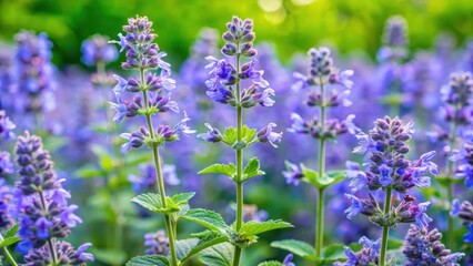 Densely packed blue catmint flowers amidst lush green foliage and vibrant summer leaves, nepeta faassenii, cottage garden