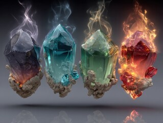 Four glowing crystals, each a different color and element, hover against a dark gray background, emitting smoke or fire, showcasing their unique energy. : Generative AI
