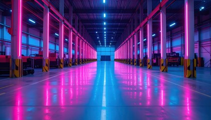 High Tech Cross Dock Facility with Neon Accents and Pallet Jacks