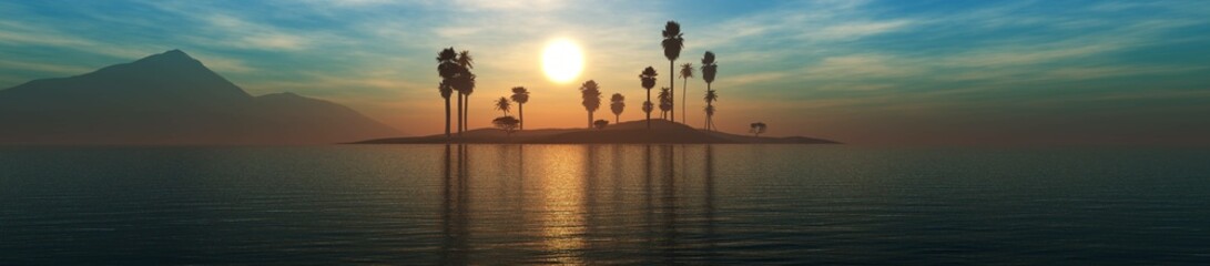 Beautiful beach with palm trees at sunset, panorama of a tropical landscape, sea sunset,
3d rendering