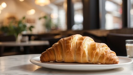  A golden croissant on white plate, flaky layers sharp, blurred French café interior behind 